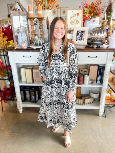 black and white long sleeve floral patterned midi dress  
