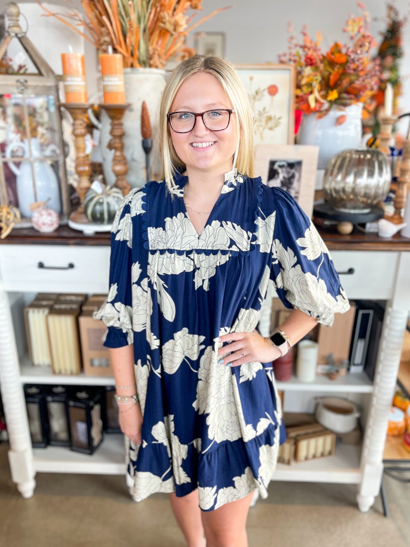 stunning white and navy floral dress with ric rac trim and puff sleeves