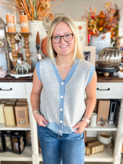 Blue Grey Colorblock Sleeveless Cardigan