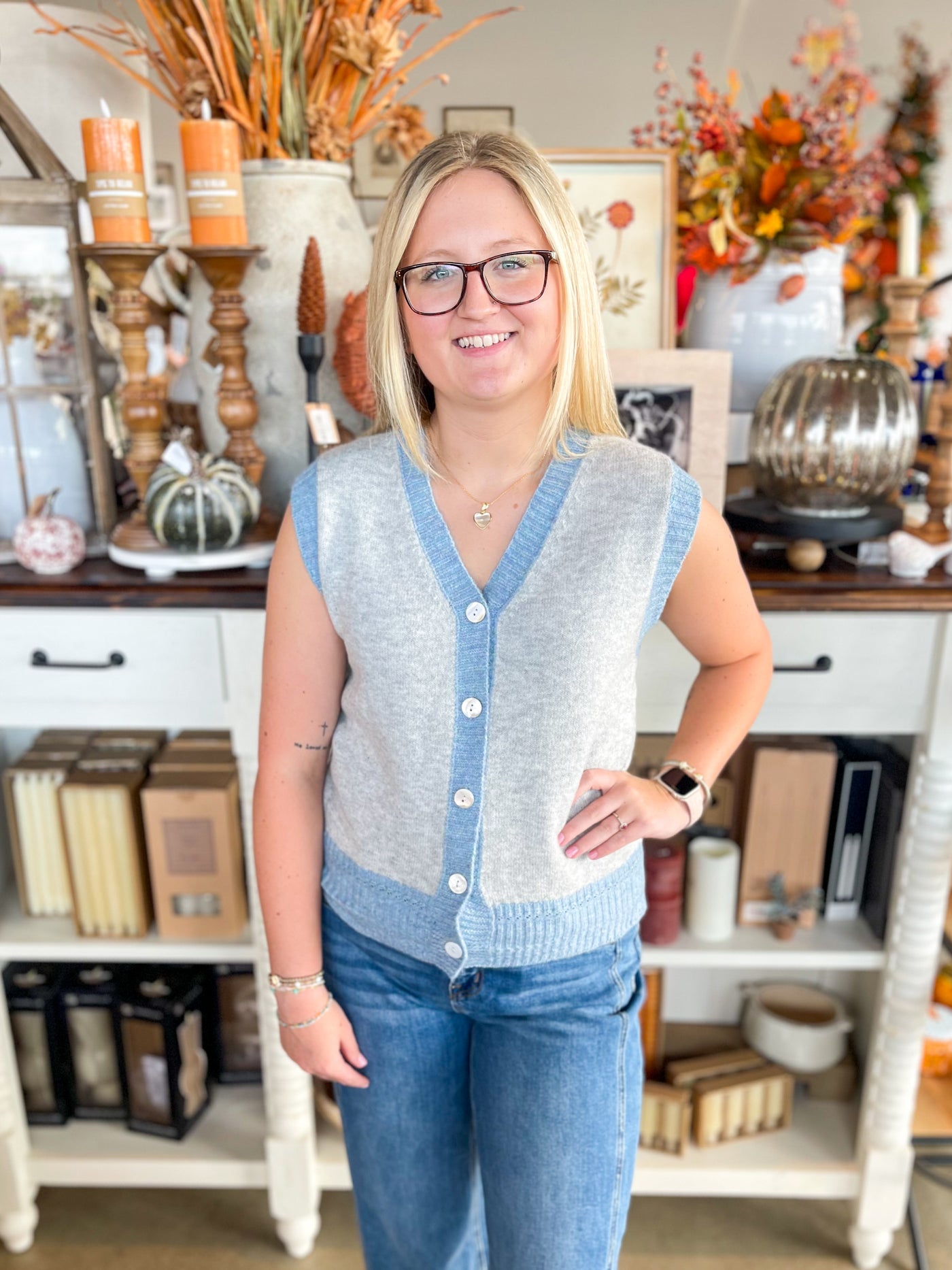 Blue Grey Colorblock Sleeveless Cardigan