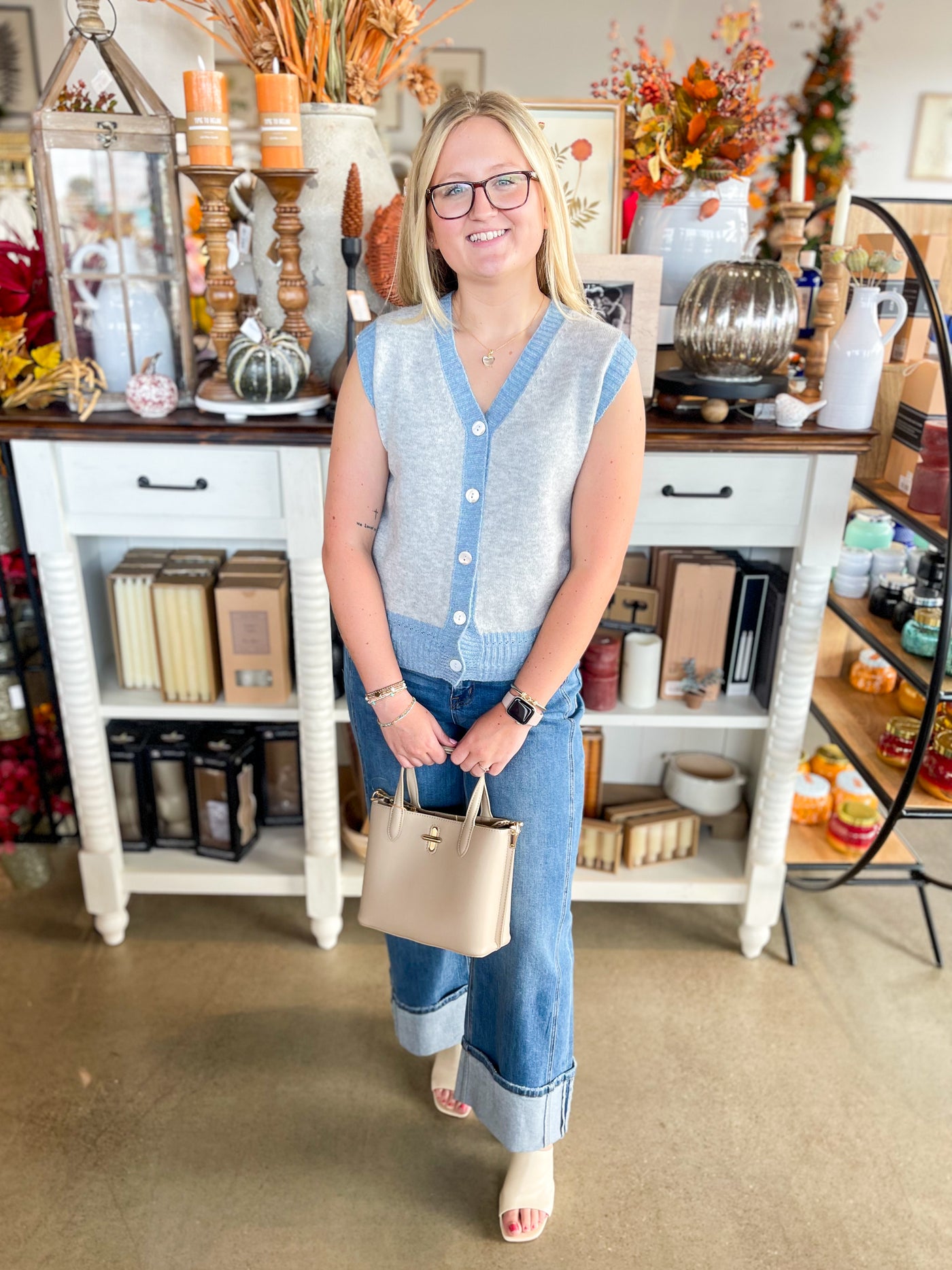 Blue Grey Colorblock Sleeveless Cardigan