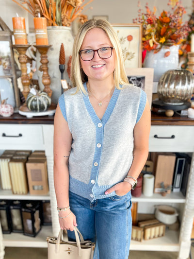blue and white fitted button up sweater vest 