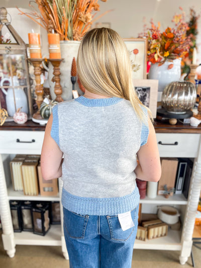 Blue Grey Colorblock Sleeveless Cardigan