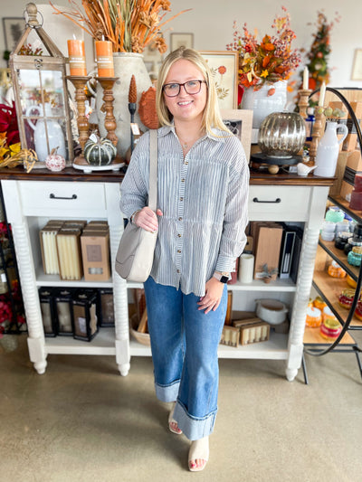 Blue Pinstripe Button Up Cooper Top