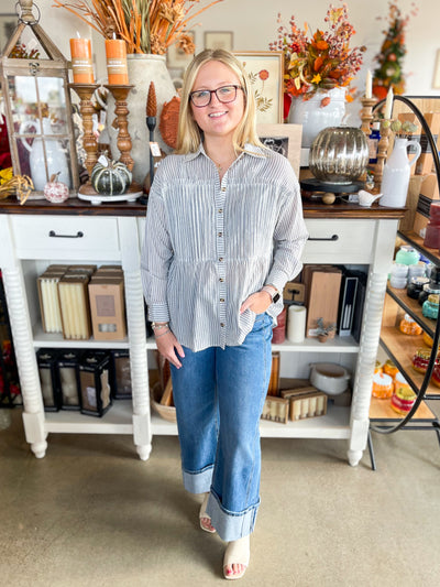 Blue Pinstripe Button Up Cooper Top