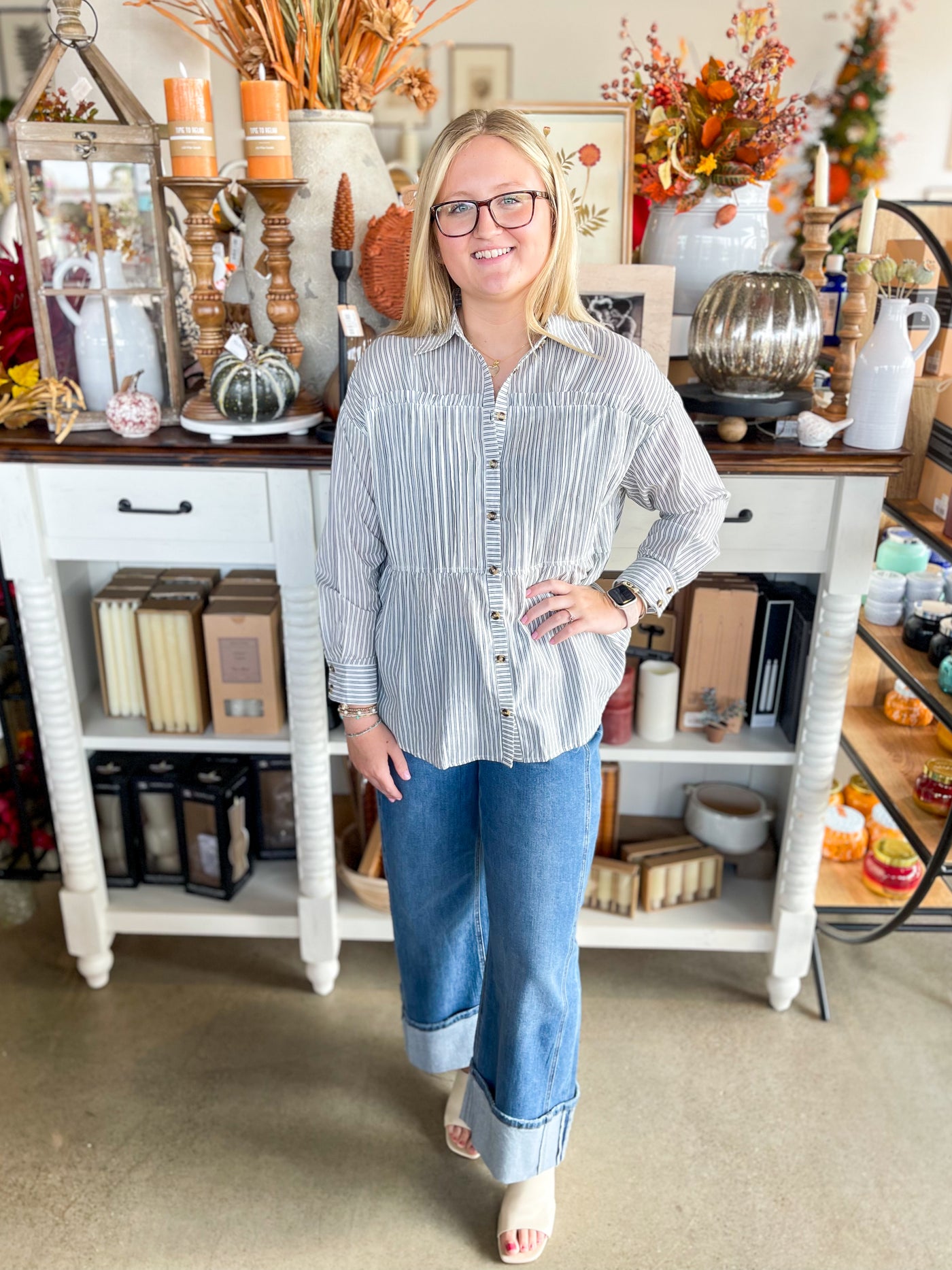 Blue Pinstripe Button Up Cooper Top
