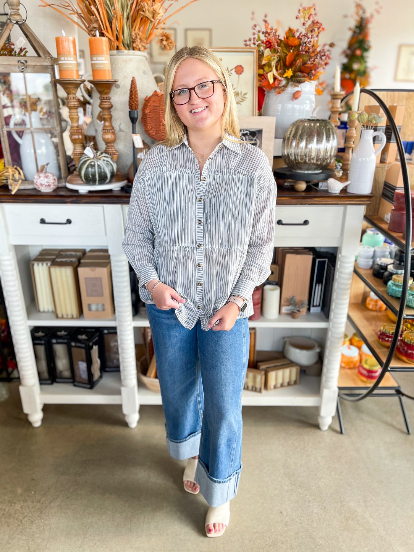 Blue Pinstripe Button Up Cooper Top