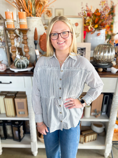 Blue Pinstripe Button Up Cooper Top