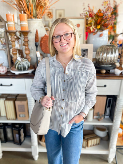 Blue Pinstripe Button Up Cooper Top