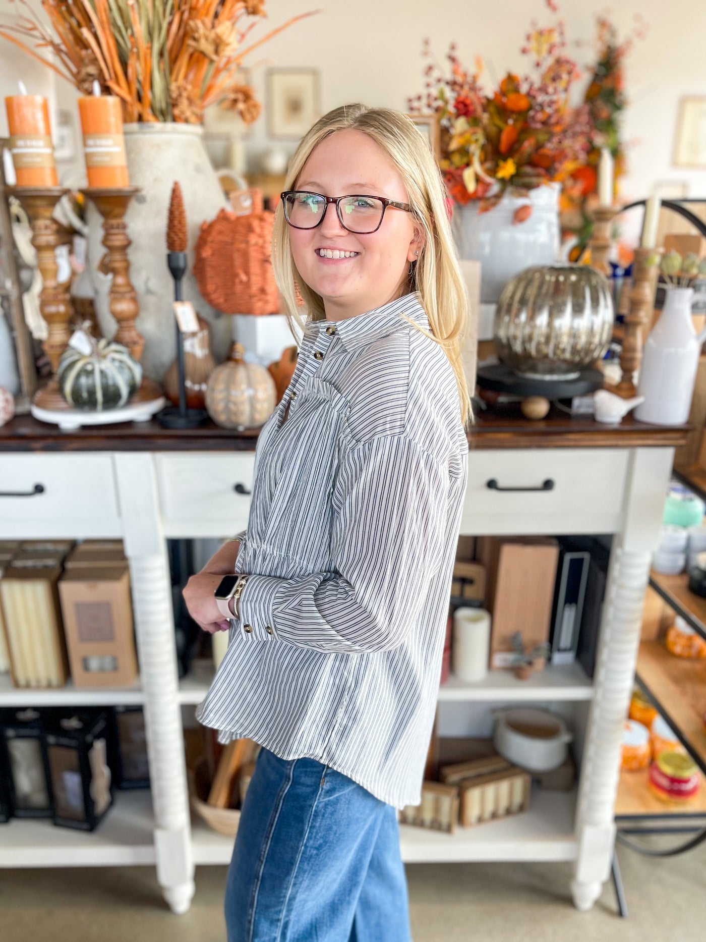 Blue Pinstripe Button Up Cooper Top