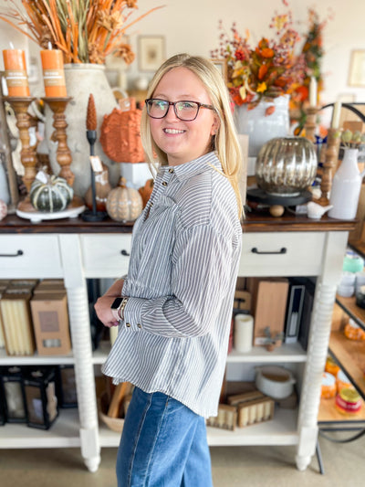 Blue Pinstripe Button Up Cooper Top