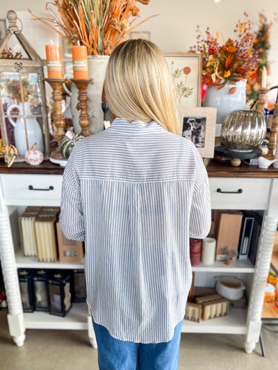 Blue Pinstripe Button Up Cooper Top