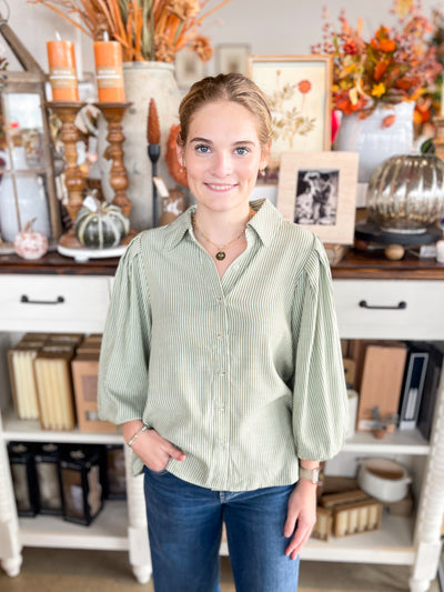 green and taupe stripe button up with long sleeves and collar 