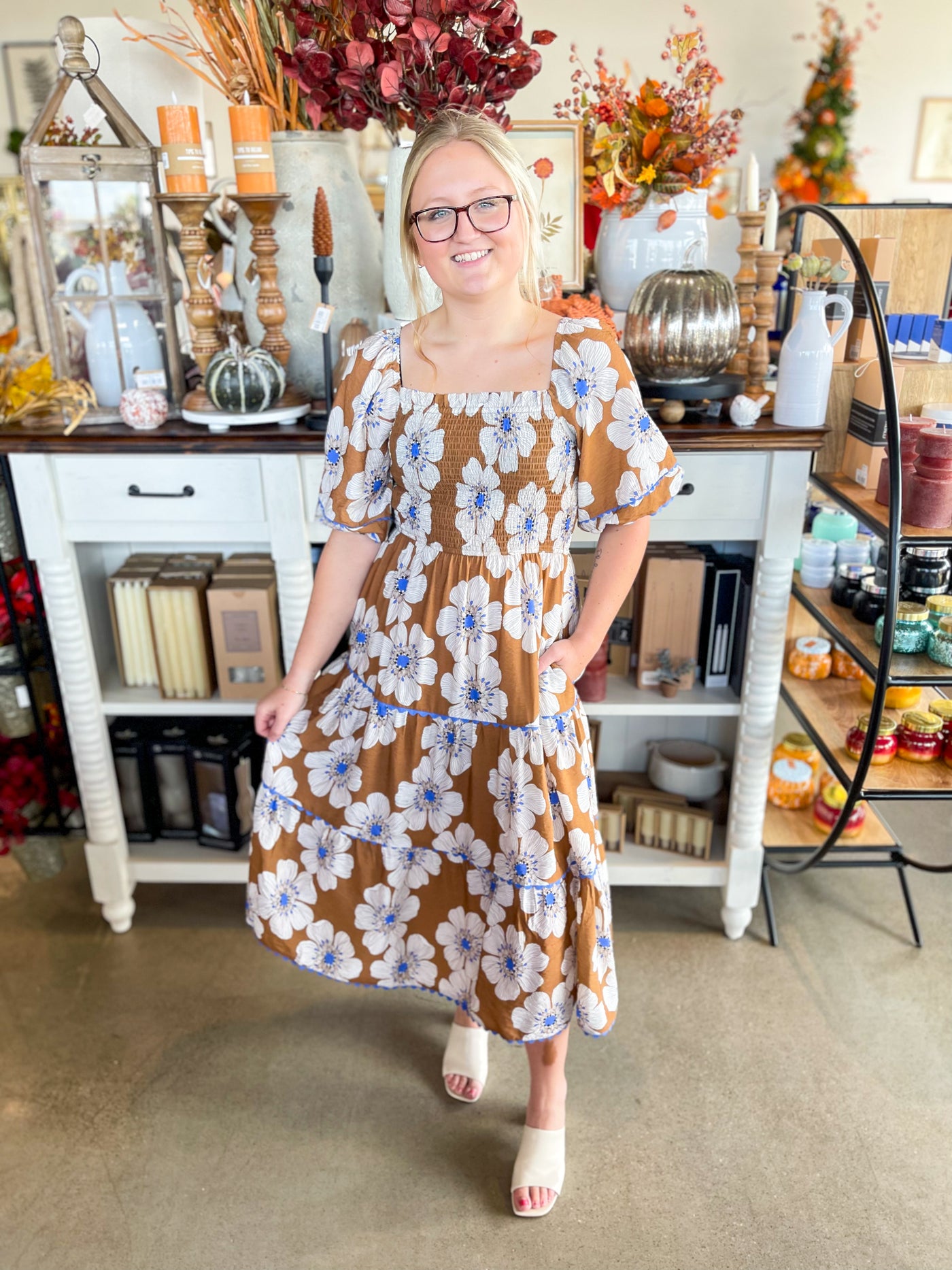 Taupe Multi Floral Print Dress