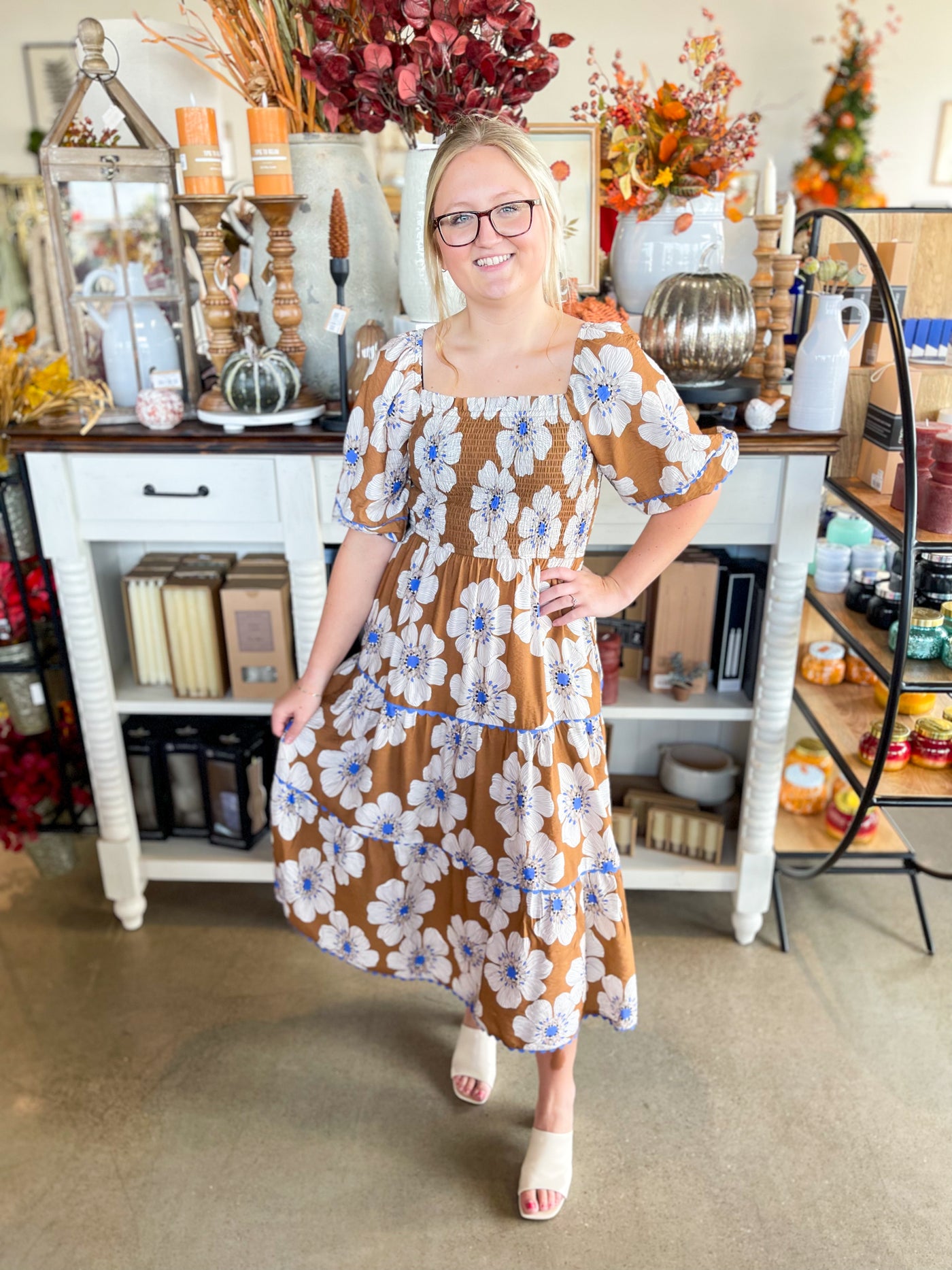 Taupe Multi Floral Print Dress