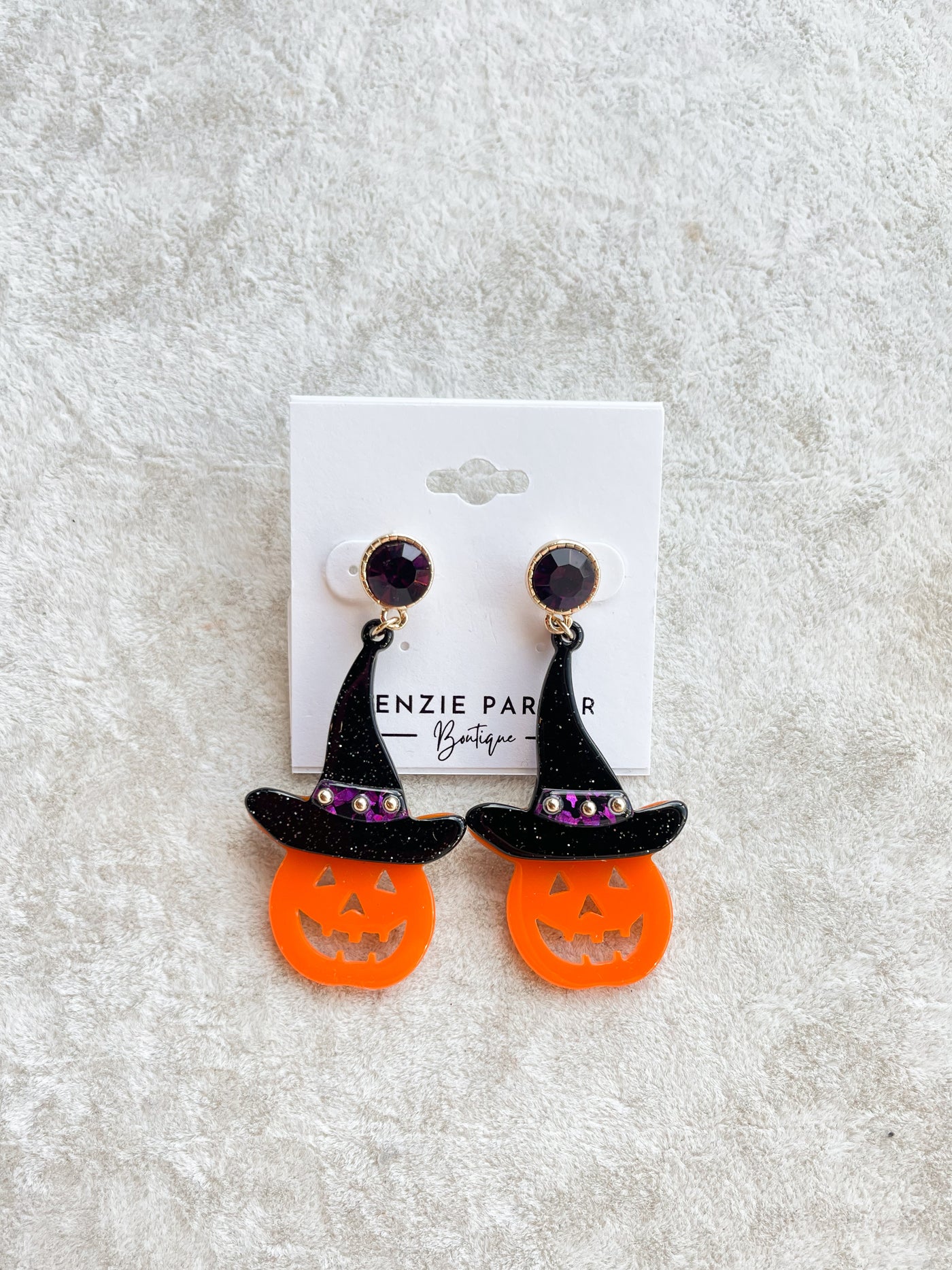 Pumpkin in Witch Hat W Purple Crystal Post Earrings