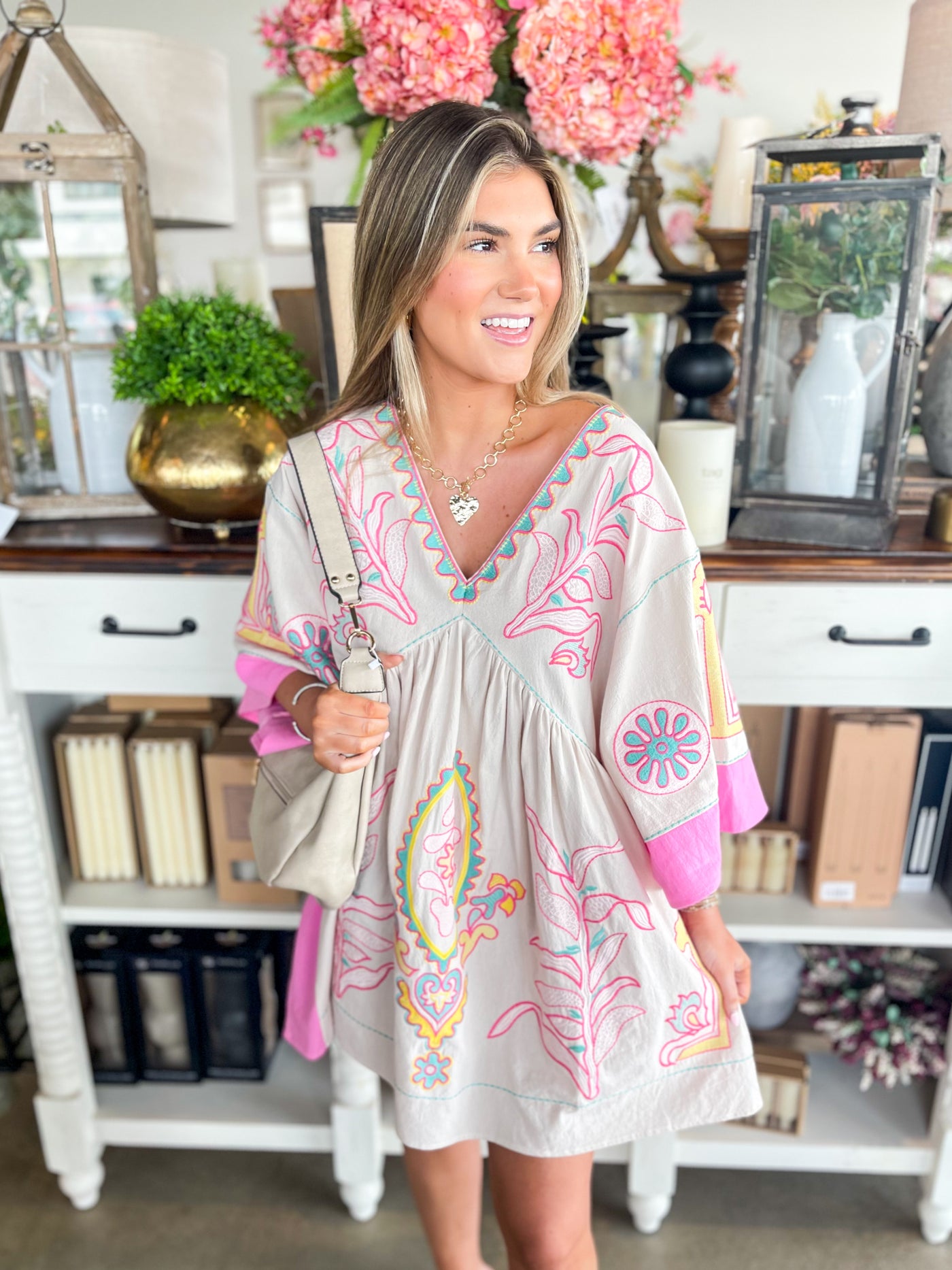 Taupe Pink Floral Embroidered Dress
