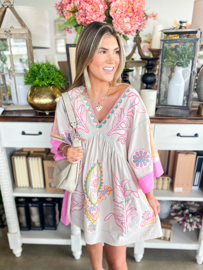 Taupe Pink Floral Embroidered Dress