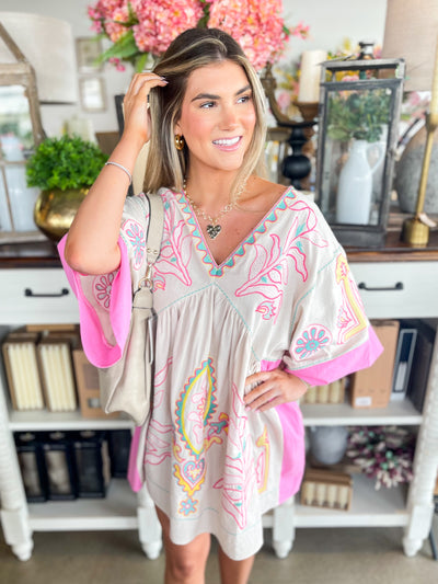 Taupe Pink Floral Embroidered Dress