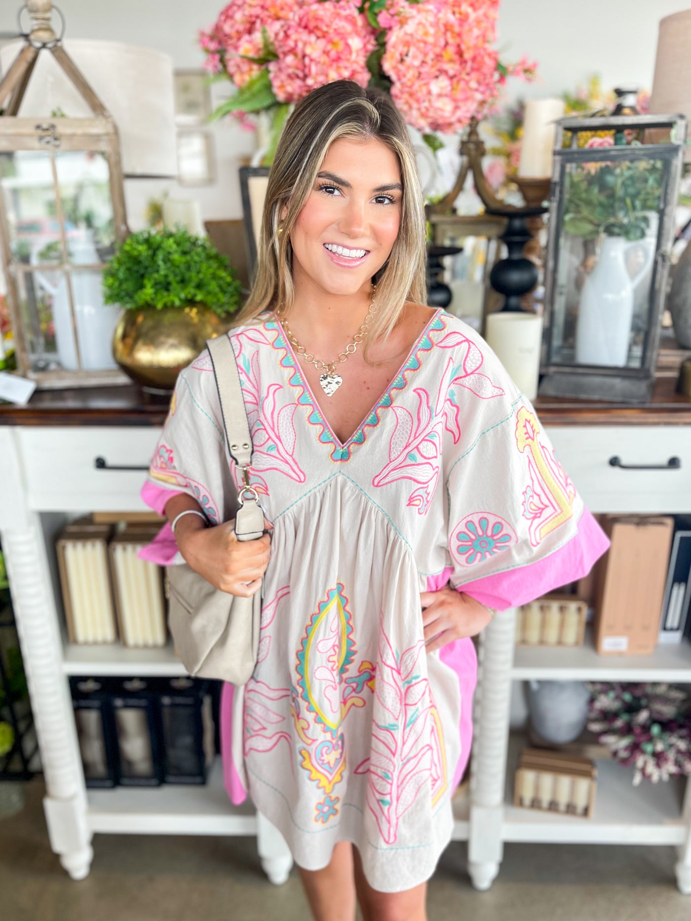 Taupe Pink Floral Embroidered Dress
