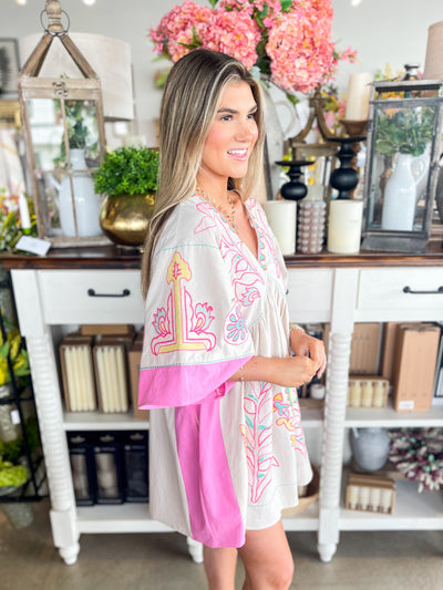 Taupe Pink Floral Embroidered Dress
