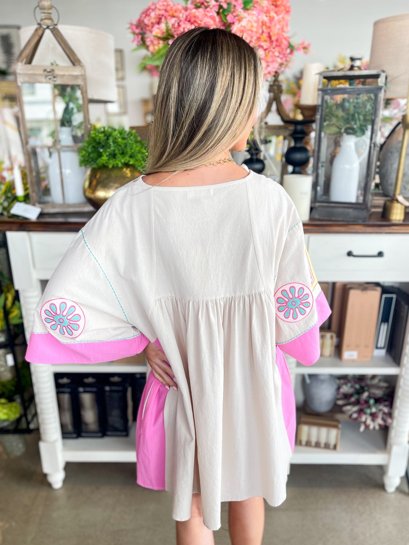 Taupe Pink Floral Embroidered Dress