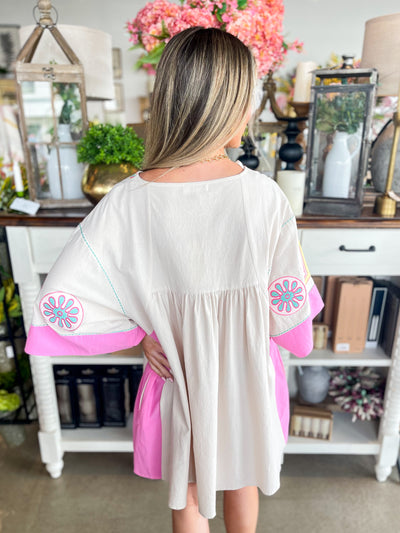 Taupe Pink Floral Embroidered Dress