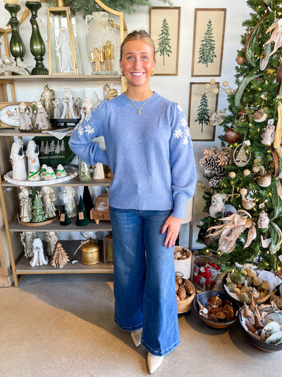 Frost Blue Floral Embroidery Sweater