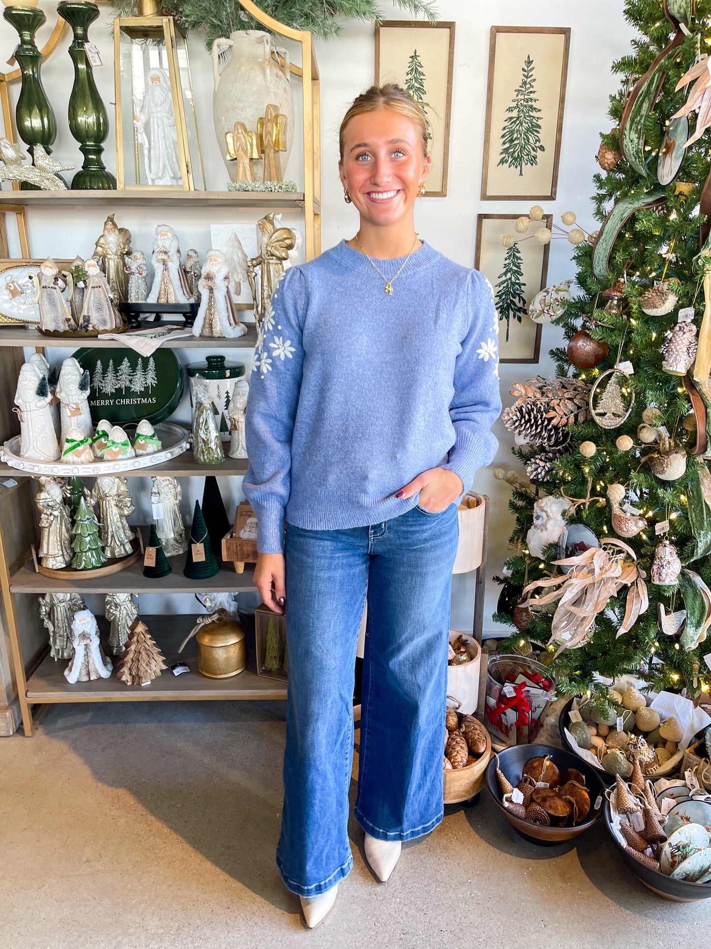 Frost Blue Floral Embroidery Sweater