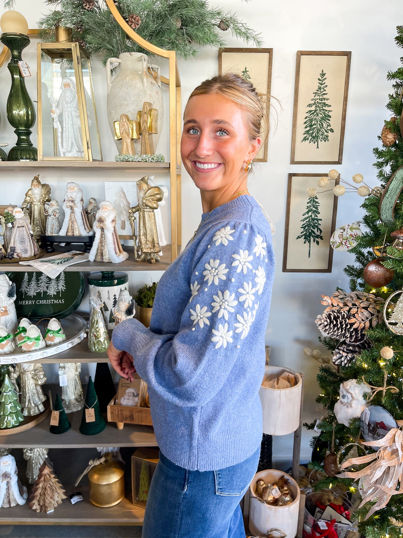 Frost Blue Floral Embroidery Sweater