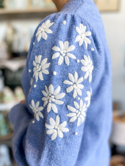 Frost Blue Floral Embroidery Sweater