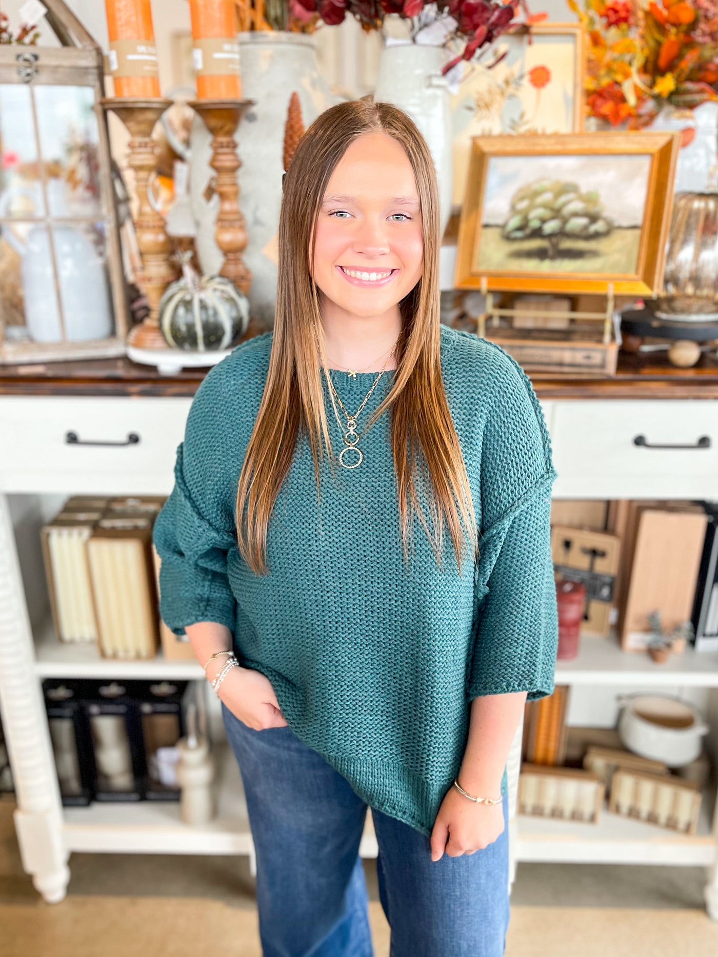 Easel Teal Half Sleeve Gracie Sweater
