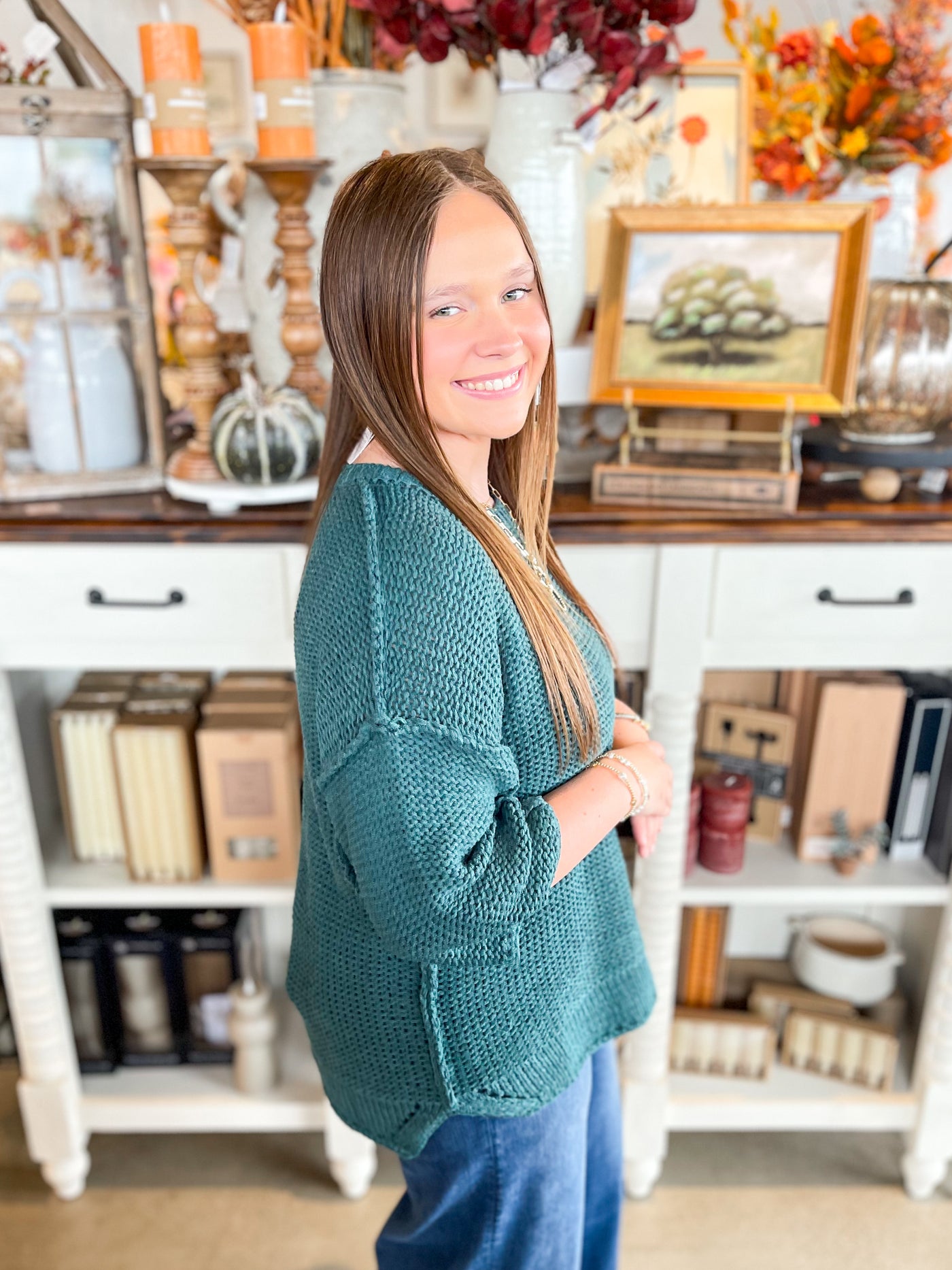 Easel Teal Half Sleeve Gracie Sweater