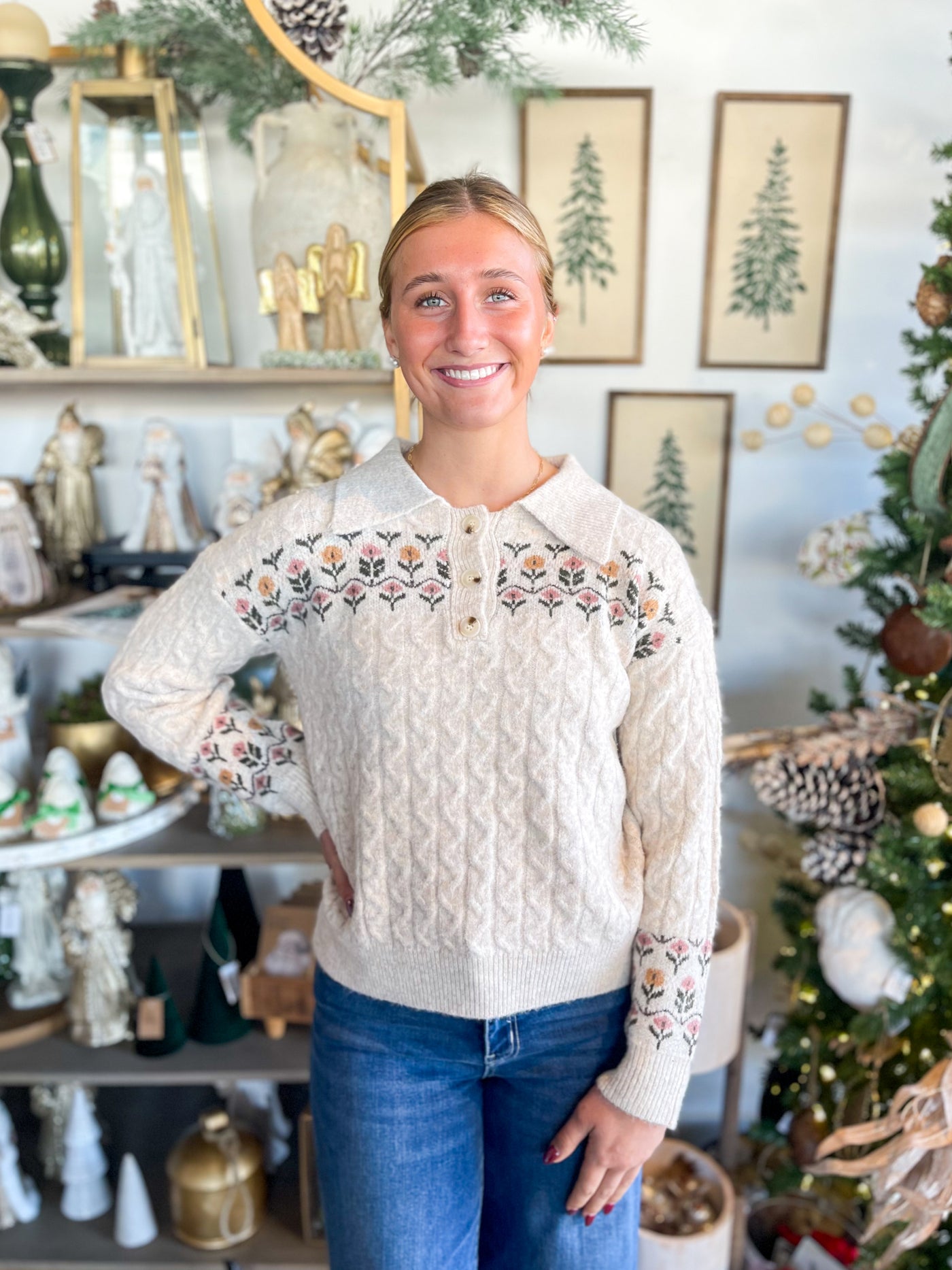 Flower Embroidery Button Down Sweater