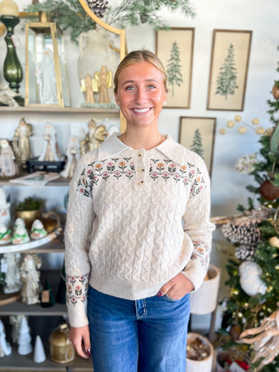 Flower Embroidery Button Down Sweater