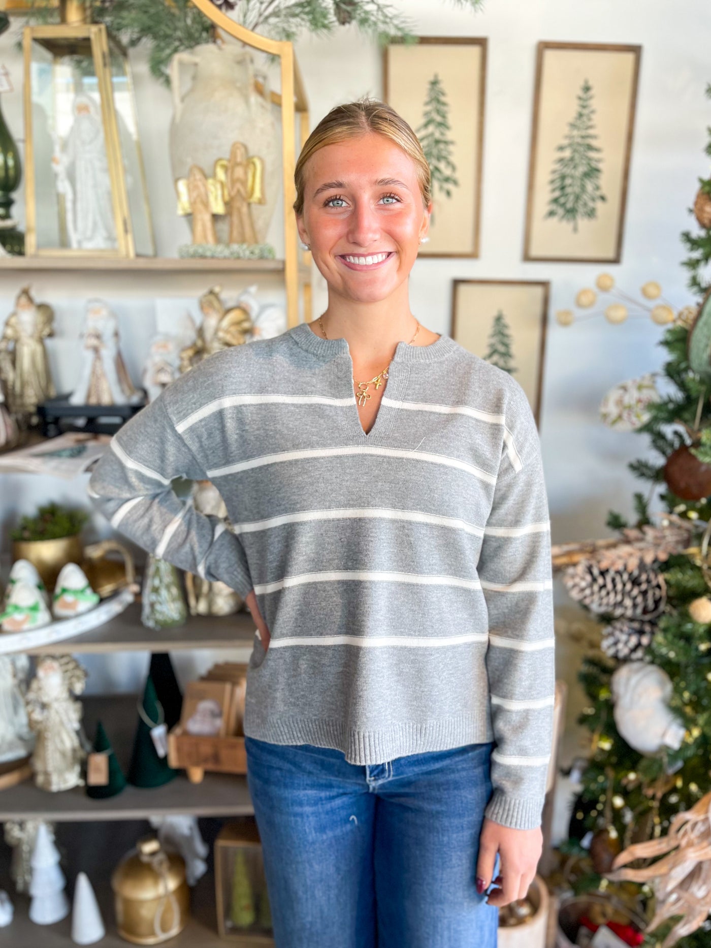 Stripe V Neck Parker Sweater