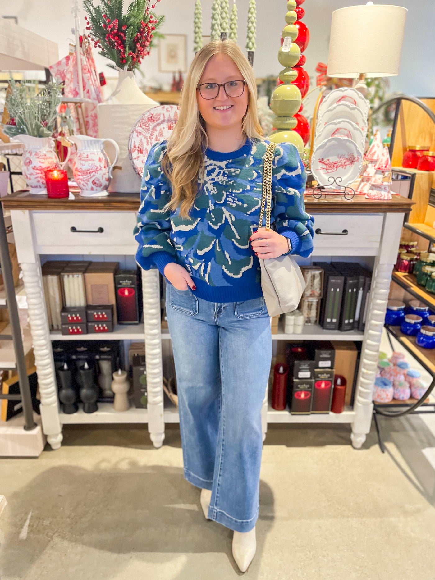 Voy Blue Floral Print Sweater