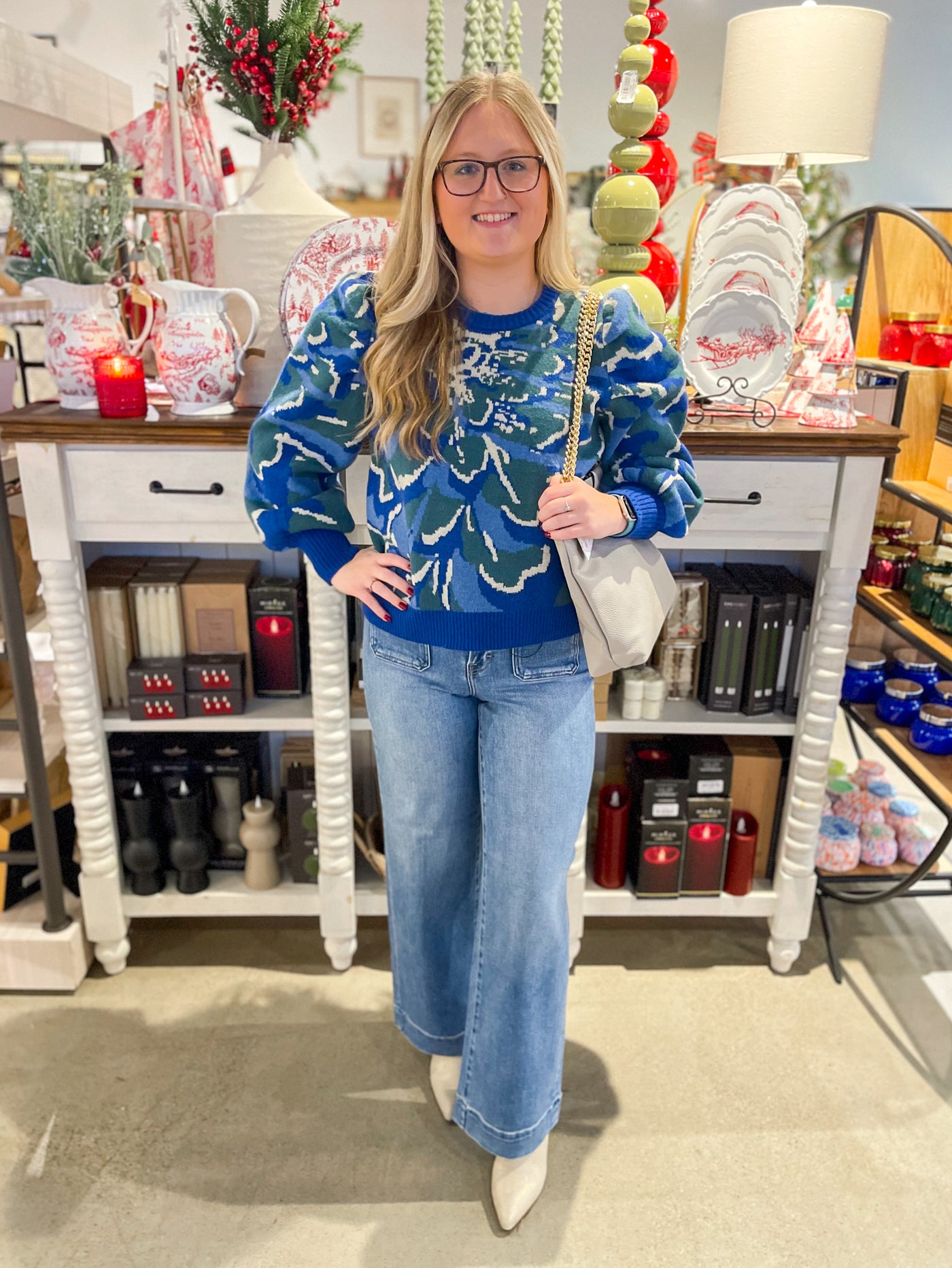 Voy Blue Floral Print Sweater