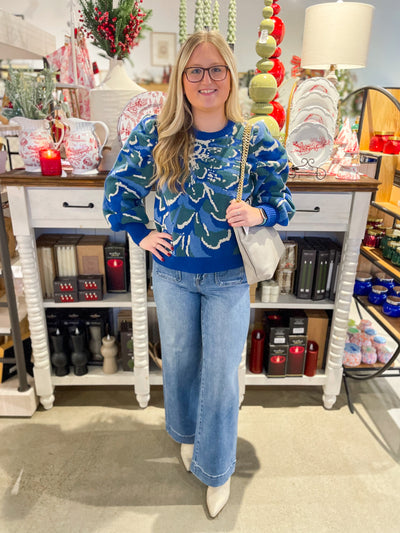 Voy Blue Floral Print Sweater