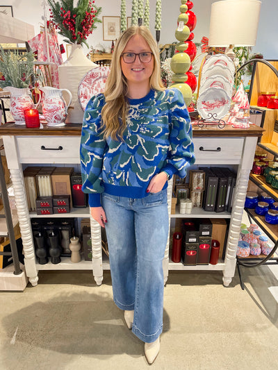 Voy Blue Floral Print Sweater