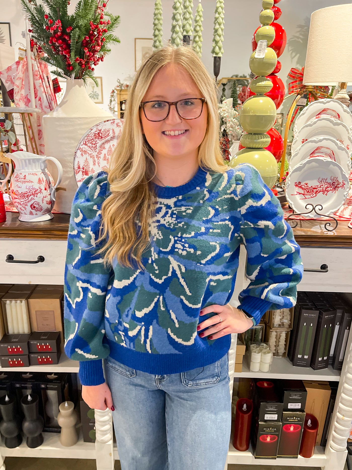 Voy Blue Floral Print Sweater