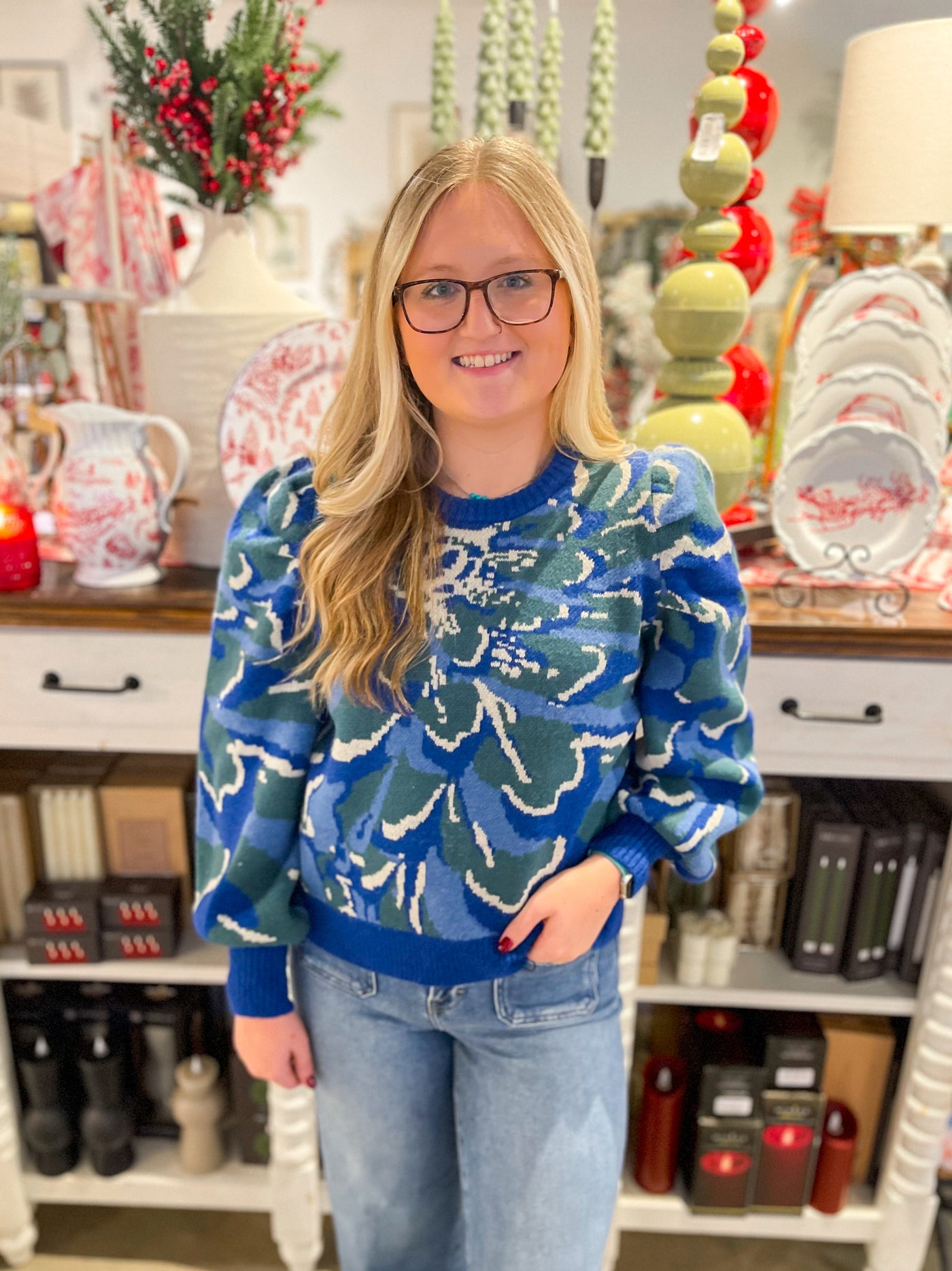Voy Blue Floral Print Sweater