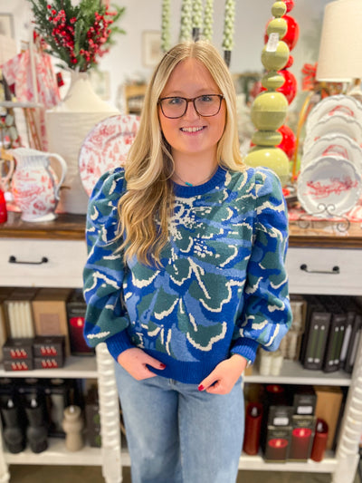 Voy Blue Floral Print Sweater