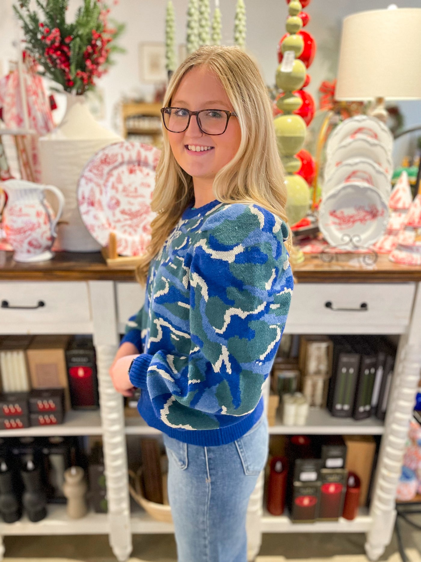 Voy Blue Floral Print Sweater