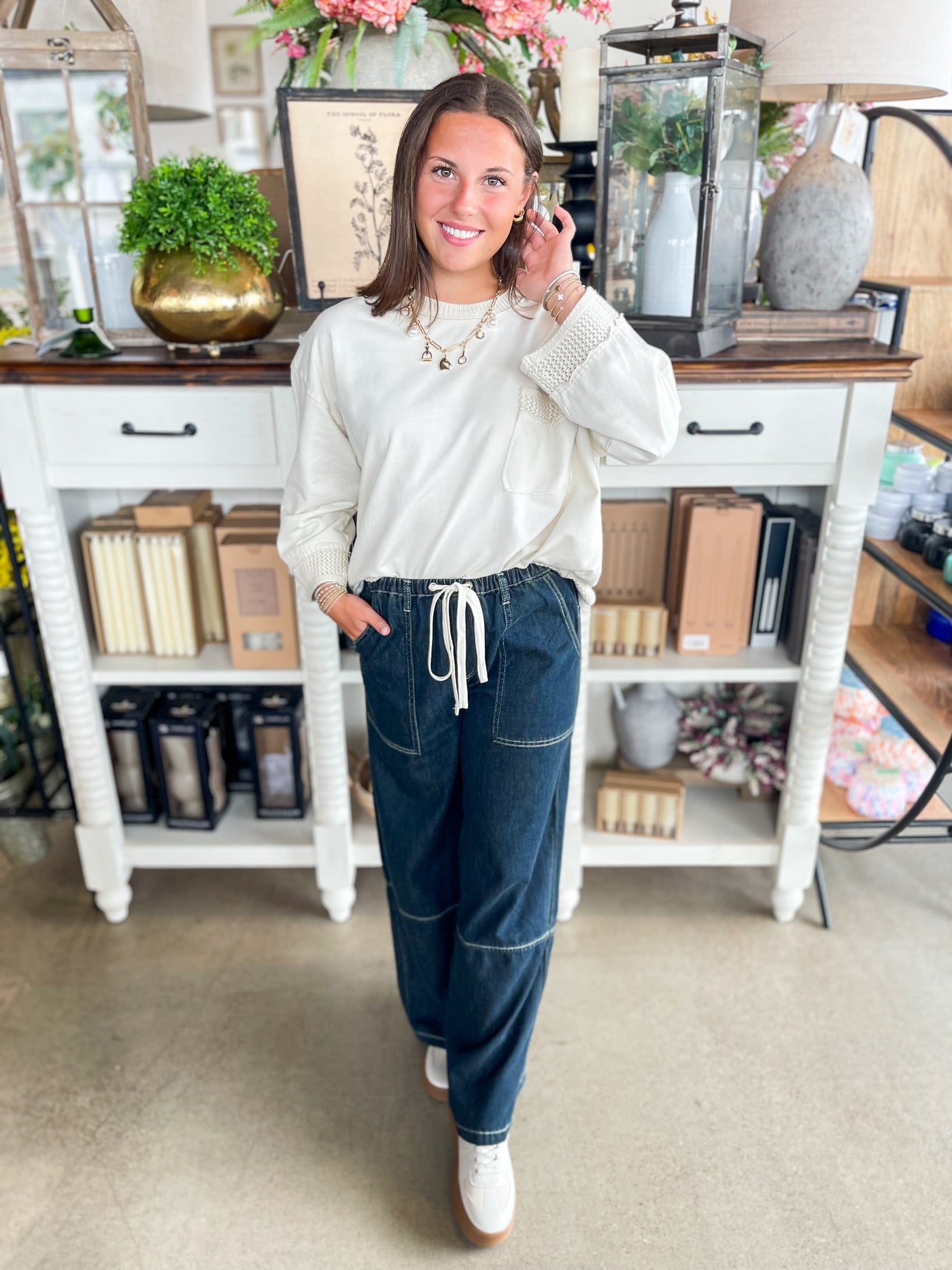Contrast Drawstring Wide Leg Denim