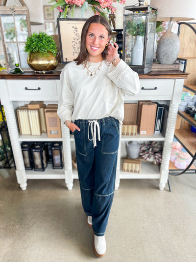 Contrast Drawstring Wide Leg Denim