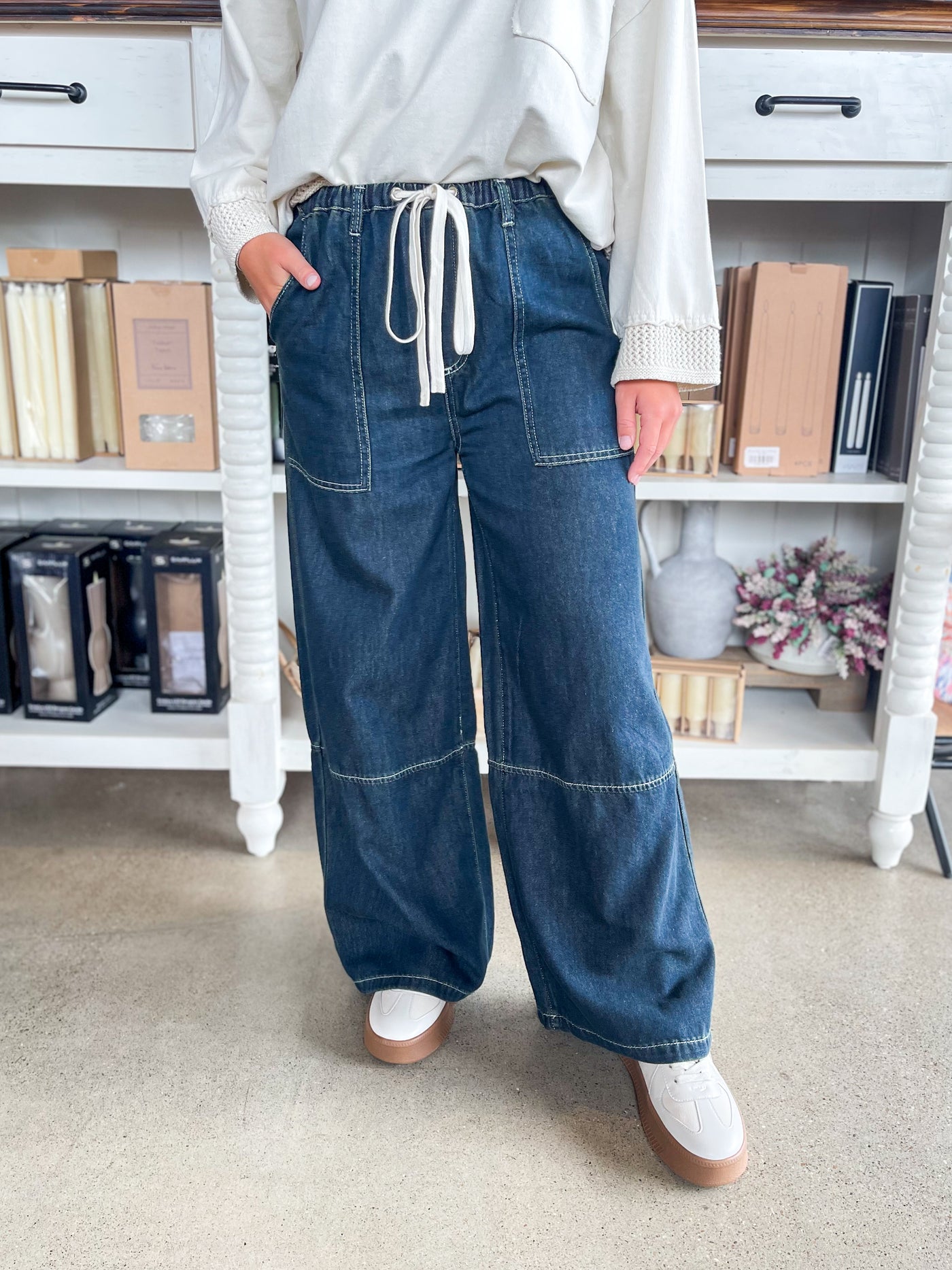 Contrast Drawstring Wide Leg Denim