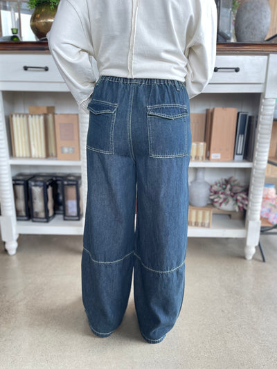Contrast Drawstring Wide Leg Denim