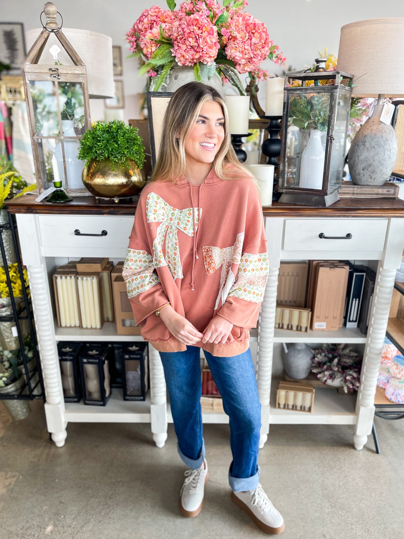 Terra Cotta Contrast Bow 3/4 Sleeve Hoodie