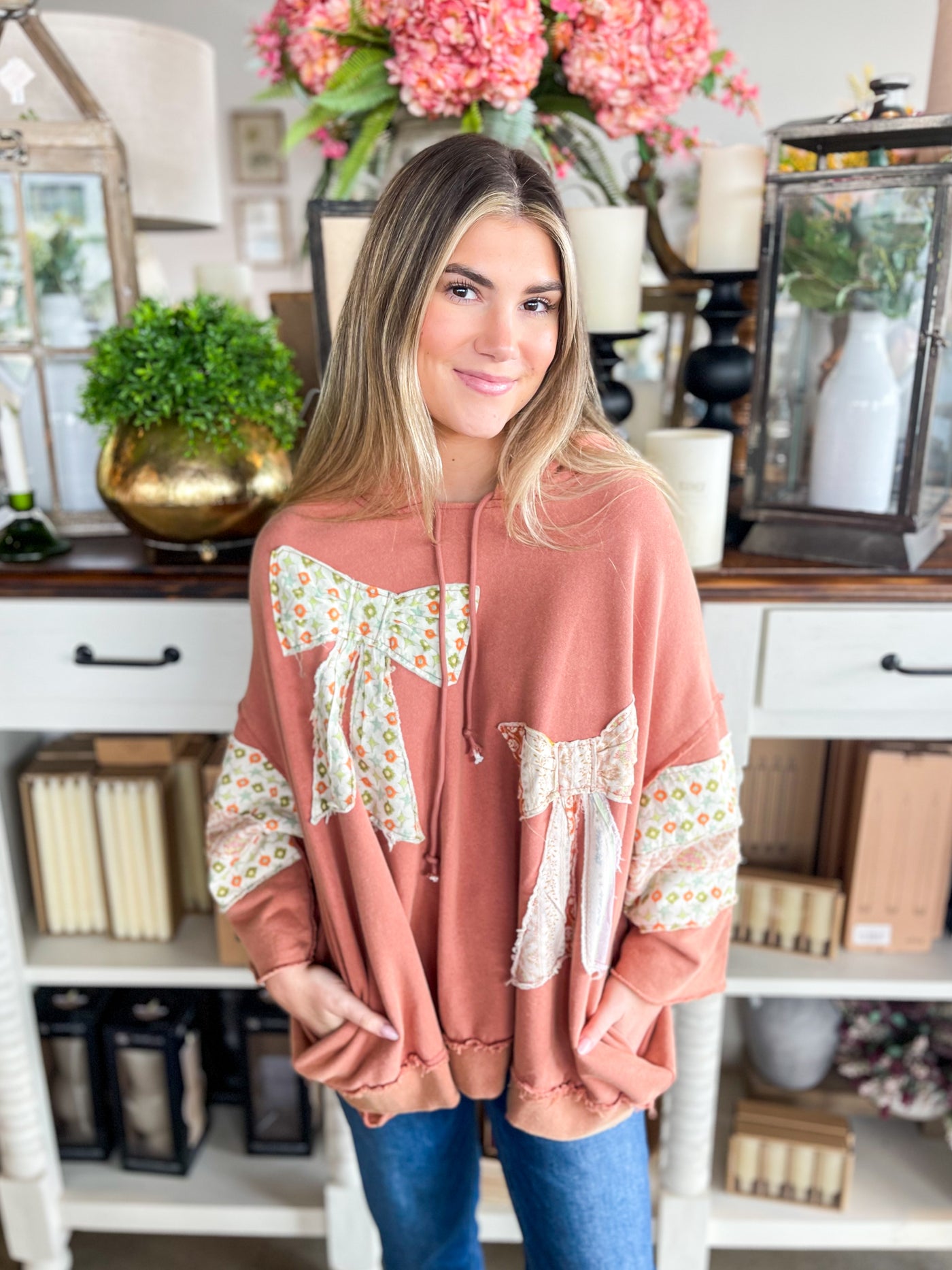 Terra Cotta Contrast Bow 3/4 Sleeve Hoodie
